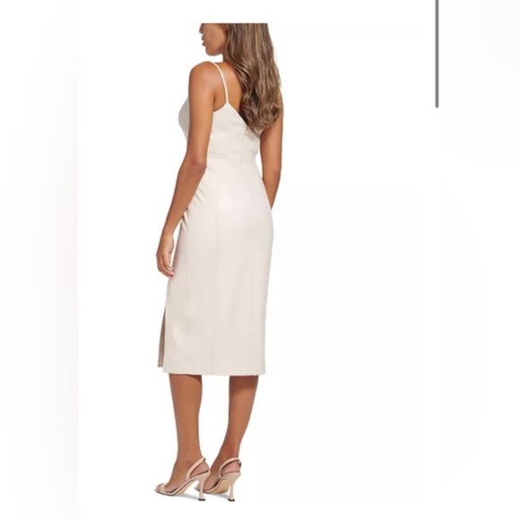 CALVIN‎ KLEIN stony beige v-neck cream pleather Side-Slit Midi Dress size 2 new - Picture 4 of 5